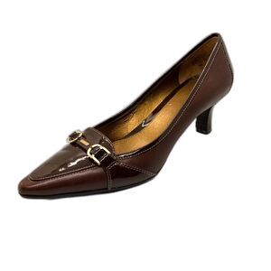 Joan & David Presley Brown Leather Patent Leather Horse-Bit Heeled Loafer 9M